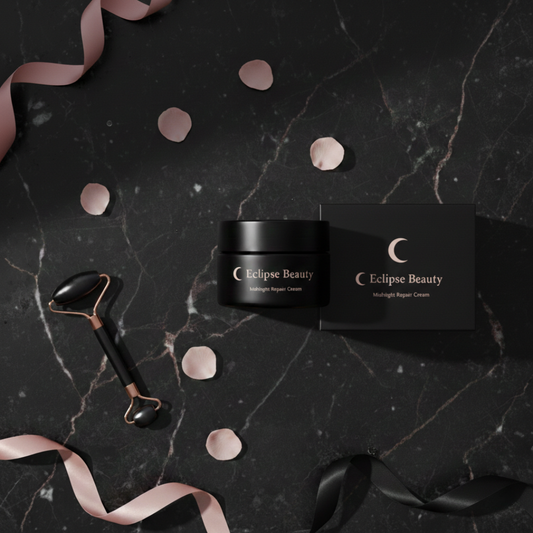 Eclipse Beauty skincare set on a dark marble surface with ribbons and confetti.
