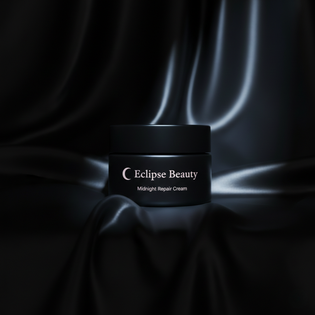 Eclipse Beauty Midnight Repair Cream jar on a dark fabric background