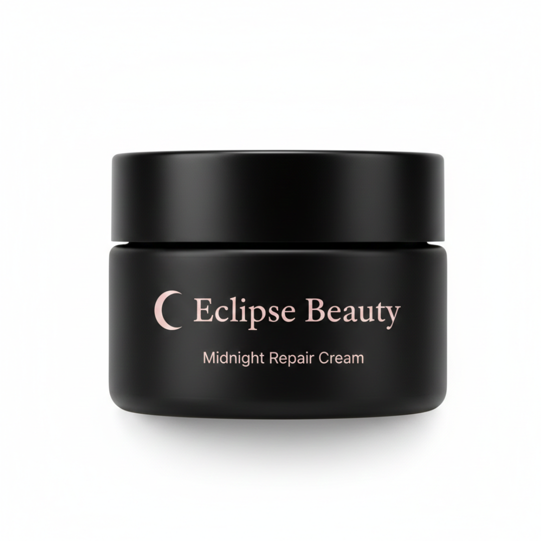 Black jar of Eclipse Beauty Midnight Repair Cream on a white background